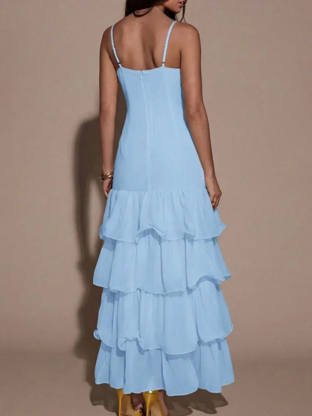 Baby Blue Sexy Women's Ruffled Hem Elegant Spaghetti Strap Dress
